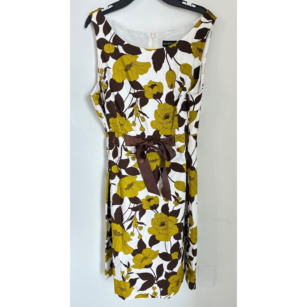 George Retro Floral Printed Bow Dress Size 14  Brown Sleeveless
